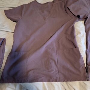 2 purple V-Neck Scrub Tops,  Medium Bottoms (SET)